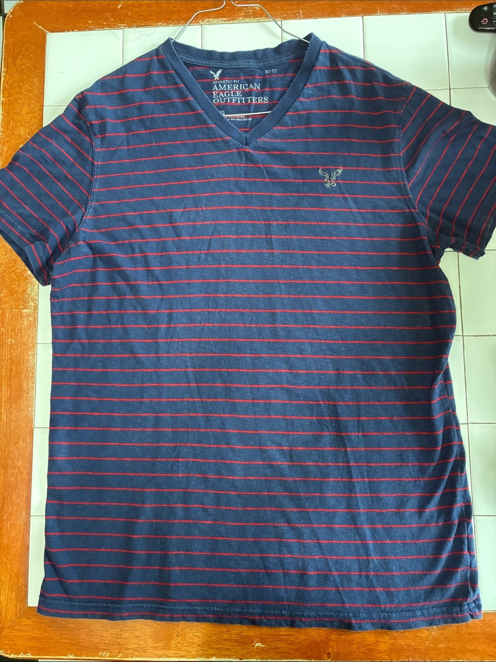 American Eagle Outfitters Navy V-Neck Tee with Red Stripes